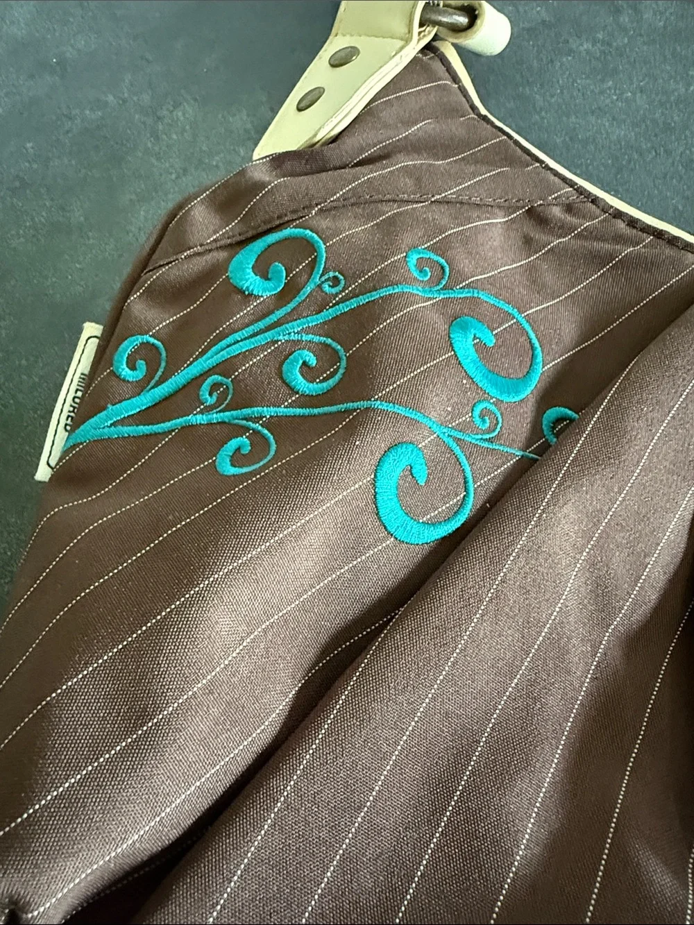 Brown Pinstripe Shoulder Bag with Teal Embroidery hobo bag by Ogio